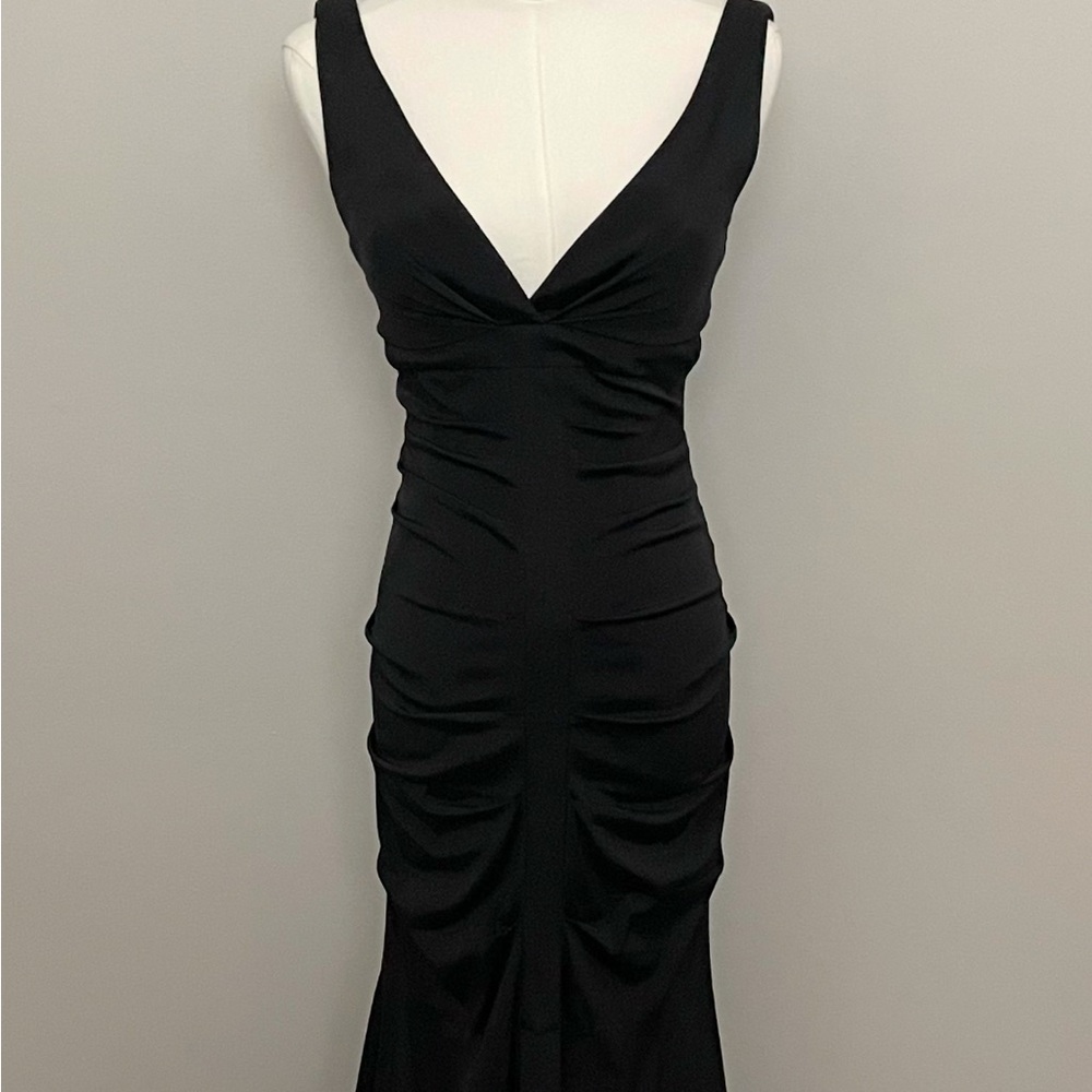 Vintage Caché Dress Maxi Mermaid Bodycon Plunge Neck Ruched Tulle Lined Black - Picture 9 of 12